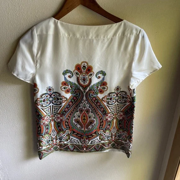 Talbot's Silk Paisley Patterned Blouse. Cap Sleeves, Side Zip. Cream, Green. 2P - Picture 4 of 11